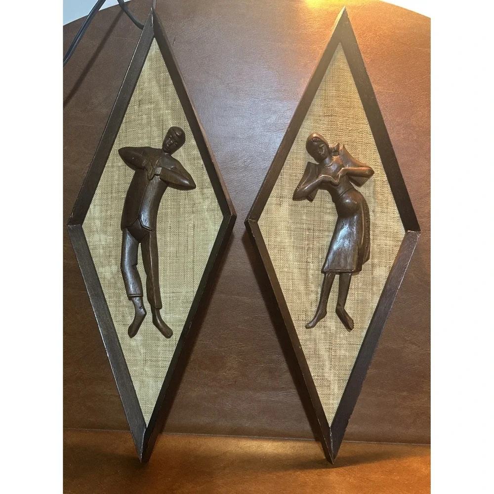 Vintage Mid Century Style Carved Wall Art Burlap Teak Wood 24
